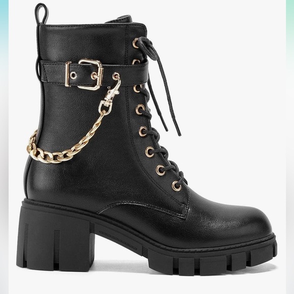 Black Combat Buckle Boots Ankle Low Heel Lace Up Booties Mid Calf Size 8 Gold - Picture 2 of 4